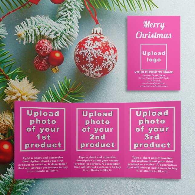 Com Dobra Tripla Cor de Rosa | Natal | Cartão triplo comercial (Pink trifold card for Christmas with your business brand and products or services)