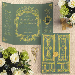 Com Dobra Tripla Elegante Convite de Casamento Portão Dourado Verde