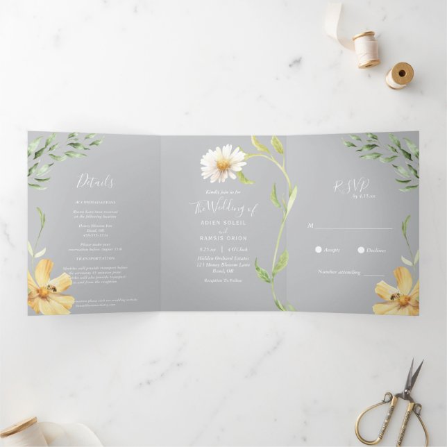 Com Dobra Tripla Elegante Daisy | Convite para Cinzas (Dentro)