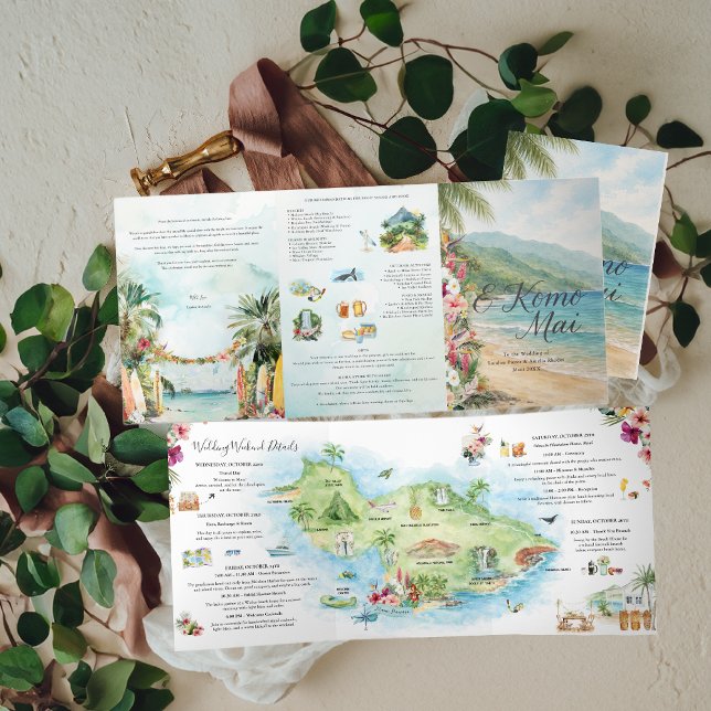 Com Dobra Tripla Fim de Semana de Casamento | Convite Tri-Fold Maui (Criador carregado)