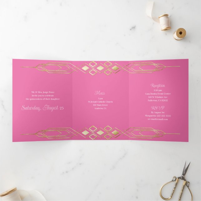 Com Dobra Tripla Glam Dourado Quinceanera Convite de festas (Dentro)