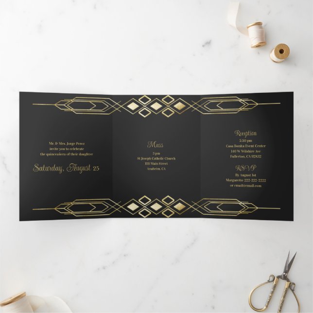 Com Dobra Tripla Glam Dourado Quinceanera Convite de festas (Dentro)