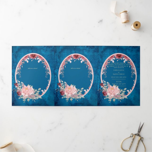 Com Dobra Tripla Nuestra Boda Burgundy Convite de casamento Floral  (Fora)