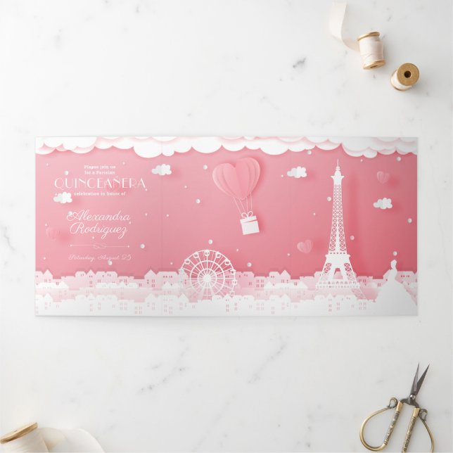 Com Dobra Tripla Papel Rosa Paris Quinceañera Convite Triplo (Fora)