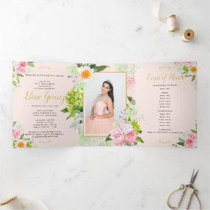 Com Dobra Tripla Peach Floral Triplo Quinceanera Convite