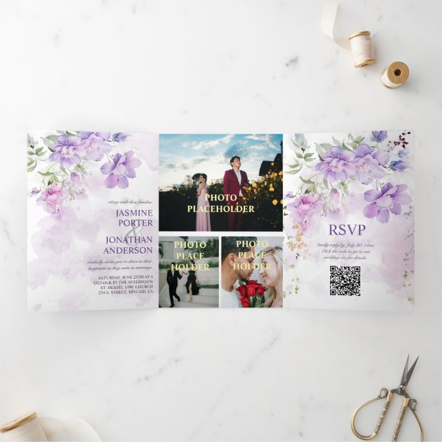 Com Dobra Tripla Peônia Lavanda Roxa Floral Convite de Casamento Tr (Dentro)