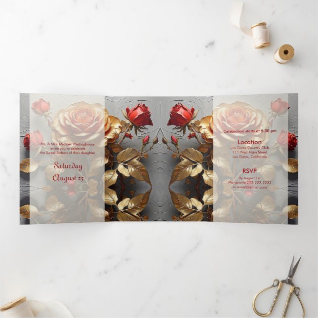 Com Dobra Tripla Red Roses e Gold Sweet 16 Festa Convite (Dentro)