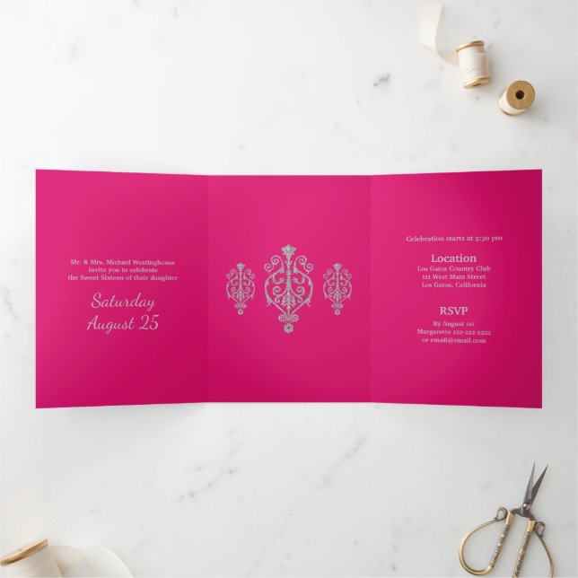 Com Dobra Tripla Silver Ghear Sweet 16 Party Convite (Dentro)
