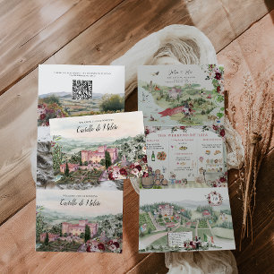 Com Dobra Tripla Toscana Itália Convite de Casamento Ilustrado