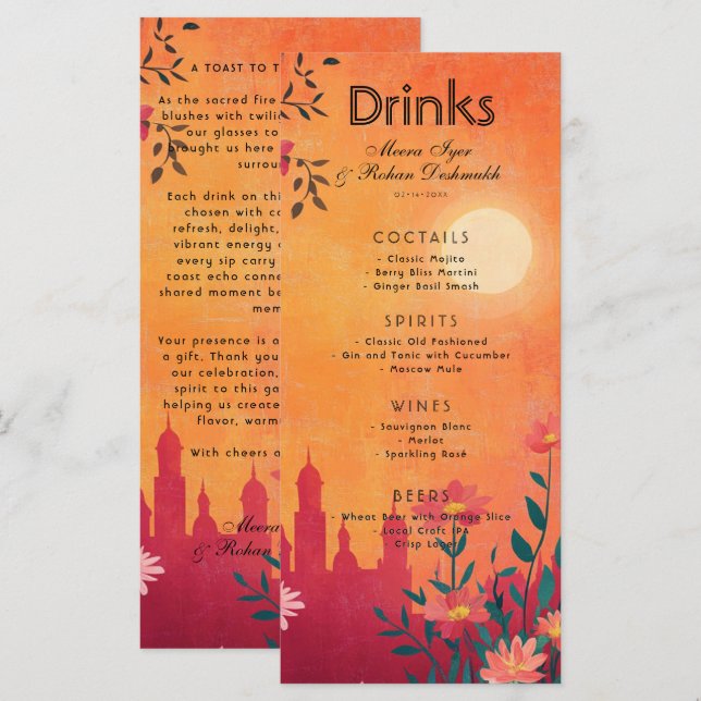 Com um belo cartão de bebidas Sunset Serenade (Frente/Verso)