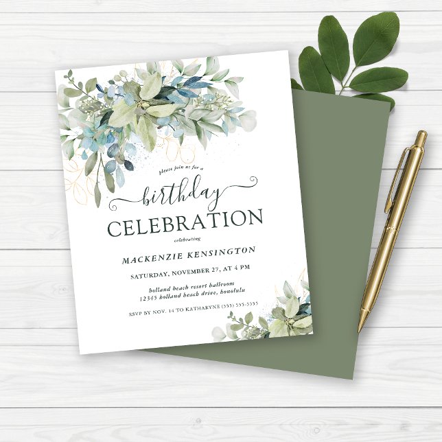 Comemoração de aniversário do Eucalyptus Floral (Budget Floral Eucalyptus Birthday Celebration Invitation)