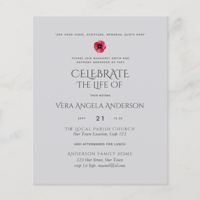 Comemoração do Orçamento do Convite Funeral Memori (Frente)