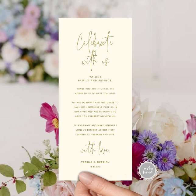 Comemore Conosco, Coloque O Cartões de agradecimen (Celebrate With Us, Place Setting Thank you Card, in  Modern Handwriting Script Yellow Gold Themed)