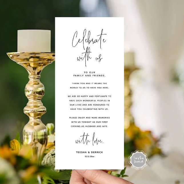 Comemore Conosco, Coloque O Cartões de agradecimen (Celebrate With Us, Place Setting Thank you Card, in Black and White Modern Handwriting Script Themed)