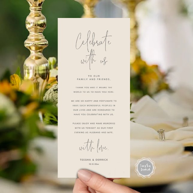 Comemore Conosco, Coloque O Cartões de agradecimen (Celebrate With Us, Place Setting Thank you Card, in  Modern Handwriting Script Cream and Grey Themed)