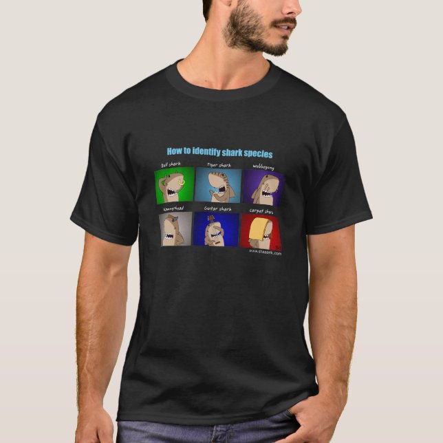 Como identificar tubarões - t-shirt preto (Frente)