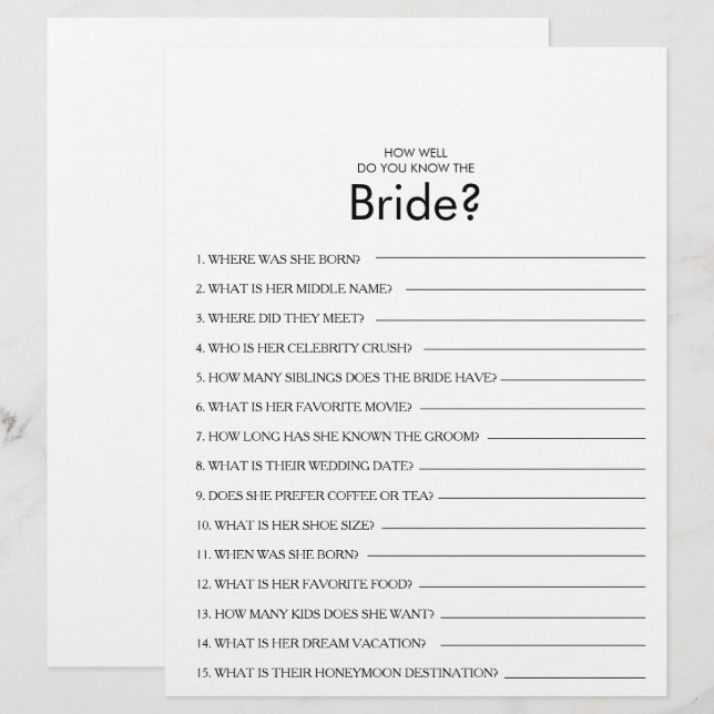 Como você sabe o jogo do Chá de panela da Noiva? (Frente/Verso)