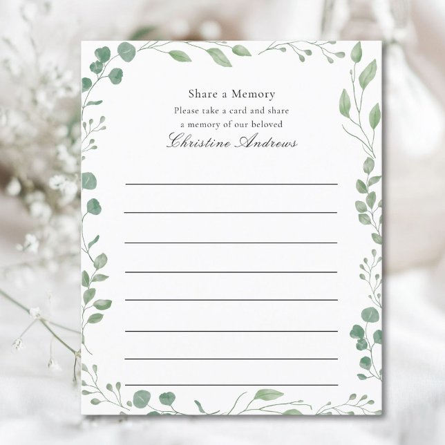 Compartilhe um Atendimento Funeral de Memória (Share a Memory!  Minimal, elegant, funeral service attendance white card, eucalyptus design.)