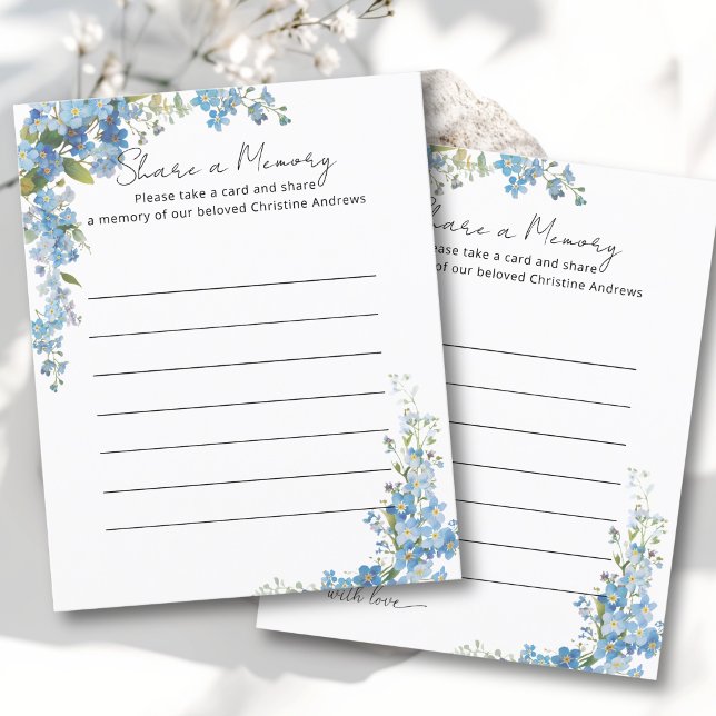 Compartilhe uma Memória - Presença no Serviço Fune (Share a Memory - Funeral Service Attendance Blue & White. Forget me not flower watercolor design.)