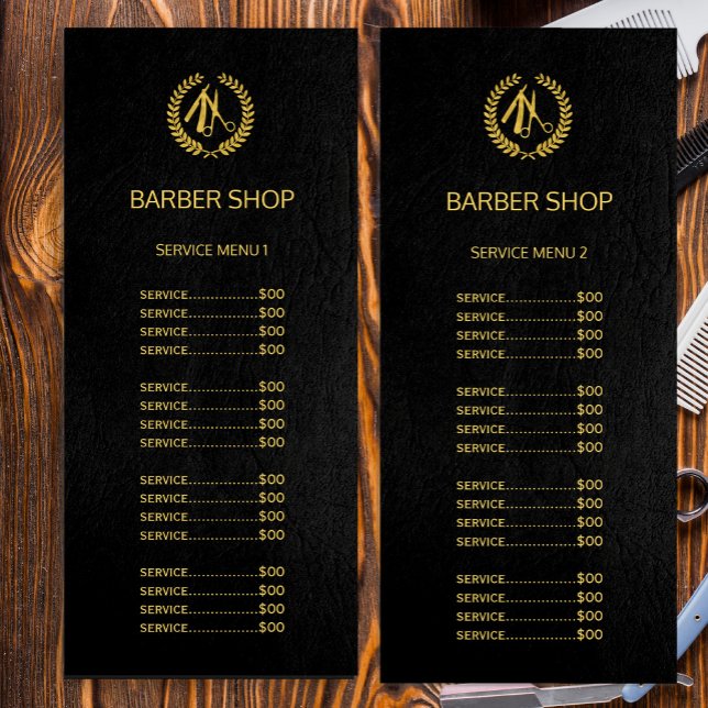 Compro barbeiro de logotipo dourado menu de serviç (Criador carregado)