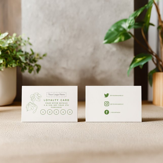 Compro de plantas domésticas, seu cartão de fideli (Monstera plant, green and white loyalty stamp card with your logo and social media details)