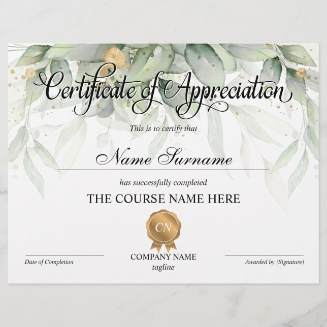 Conclusão do curso de Prêmio de Apreciação de Cert (Frente)