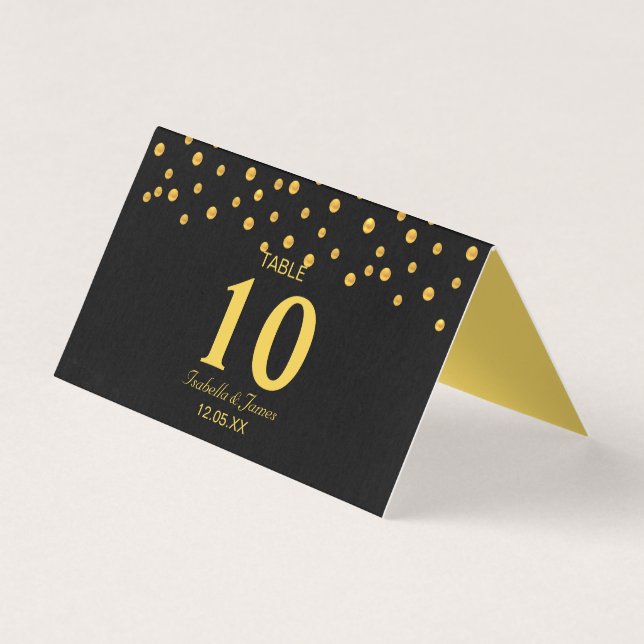Confete Dourado em Cartão de Mesa Dobrável Preta (Frente)