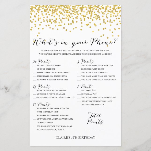 Confete Dourado O que está no seu telefone Jogo de (Frente)