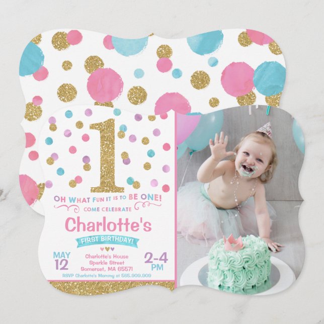 Confetes cor-de-rosa & Dourados do convite do (Frente/Verso)