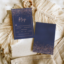 Confeti de ouro rosa tipografia azul-marinho rsvp