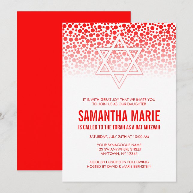 Confetti Dots Red Bat Mitzvah Convites (Frente/Verso)