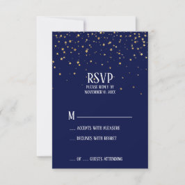 Confetti Dourado na placa RSVP Azul Marinho