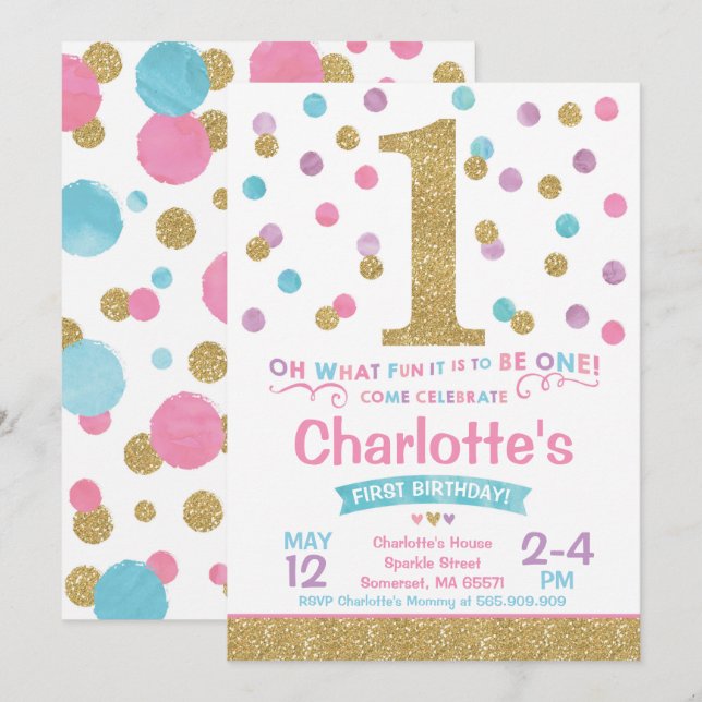 Confetti Rosa de Convite para primeiros aniversari (Frente/Verso)