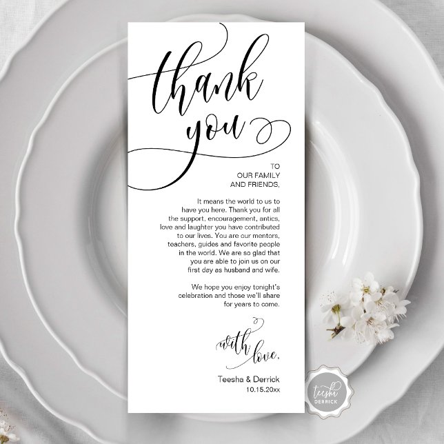 Configuração de Local jantado Obrigado, Cartão de  (Place Setting Thank You, Modern Script Card, Wedding Dinner, Brunch, Lunch Plate Decoration)