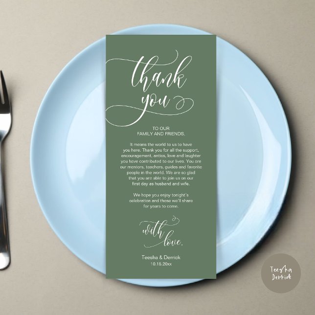 Configuração de Local jantado Obrigado, Cartão de  (Wedding Dinner Place Setting Thank You Card, Plate Decoration, Modern Script, in Sage Green)