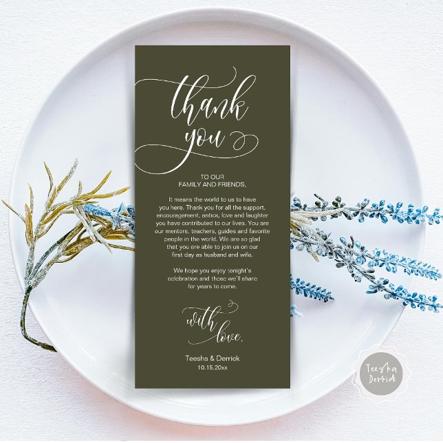 Configuração de Local jantado Obrigado, Cartão de  (Wedding Dinner Place Setting Thank You Card, Plate Decoration, Modern Script, in Olive Green)