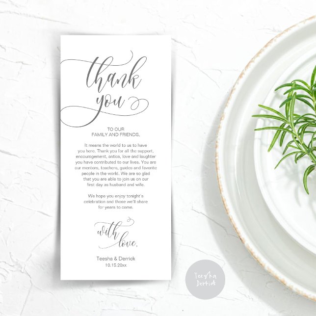 Configuração de Local jantado Obrigado, Cartão de  (Wedding Dinner Place Setting Thank You Card, Plate Decoration, Modern Script, in Dark Grey)