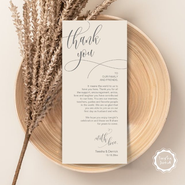 Configuração de Local jantado Obrigado, Cartão de  (Wedding Dinner Place Setting Thank You Card, Plate Decor, Modern Calligraphy, in Cream Grey)