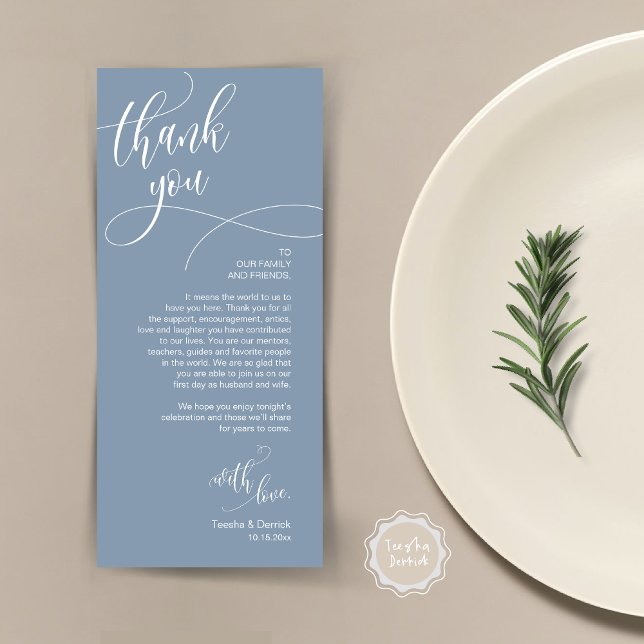 Configuração de Local jantado Obrigado, Cartão de  (Wedding Dinner Place Setting Thank You Card, Plate Decor, Modern Calligraphy, in Dusty Blue)