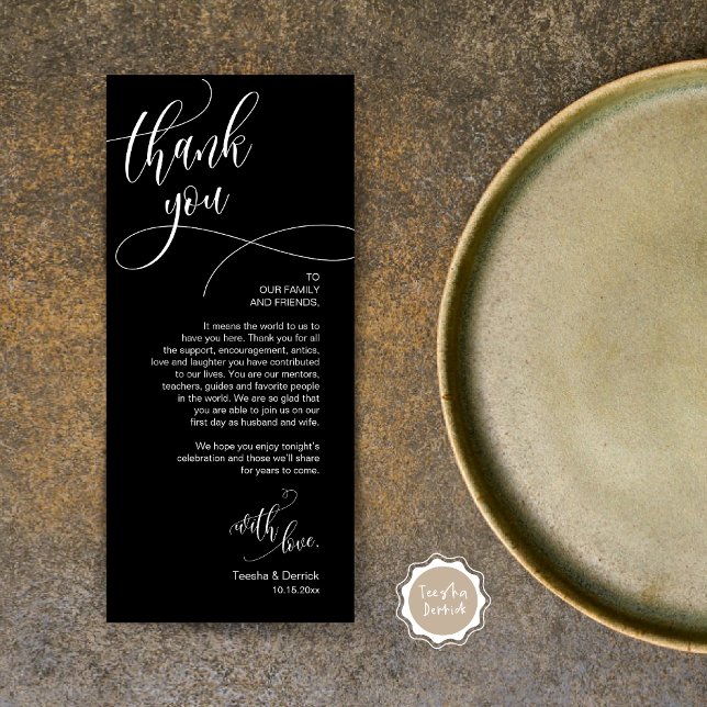 Configuração de Local jantado Obrigado, Cartão de  (Wedding Dinner Place Setting Thank You Card, Plate Decor, Modern Calligraphy, in Elegant Black)