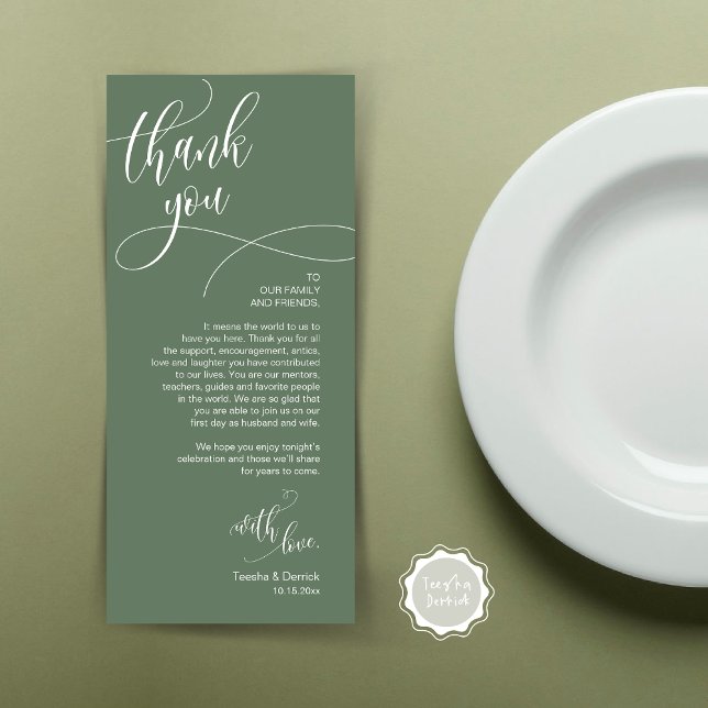 Configuração de Local jantado Obrigado, Cartão de  (Wedding Dinner Place Setting Thank You Card, Plate Decor, Modern Calligraphy, in Forest Sage Green)
