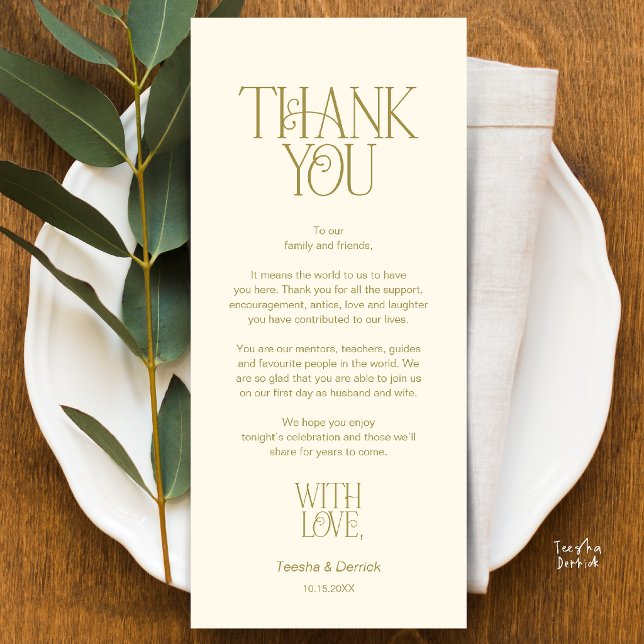 Configuração de Mesa de Casamento Obrigado Cartão  (Modern Minimalist Wedding Dinner Place Setting Thank You Yellow Cream Gold Card)