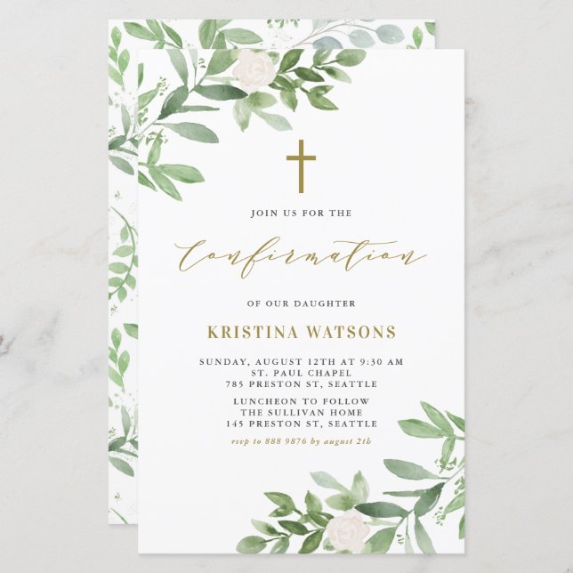Confirmação de Aquarela Verde e Flores (Frente/Verso)