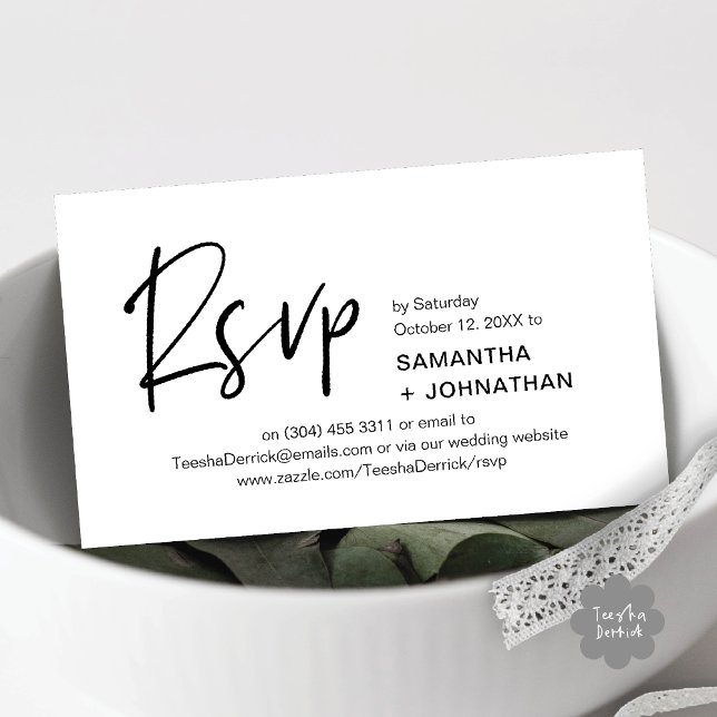 Confirmação de Presença no Casamento Convite de Ja (Kindly RSVP Modern Minimalist Wedding Dinner Invites Reminder Enclosed Card Phone Email Black White)