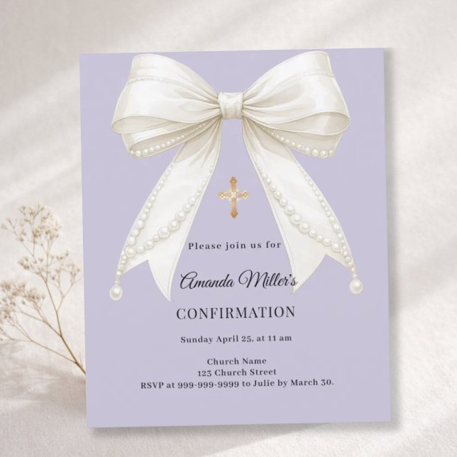 Confirmation bow ivory pearls lavender invitation (Criador carregado)