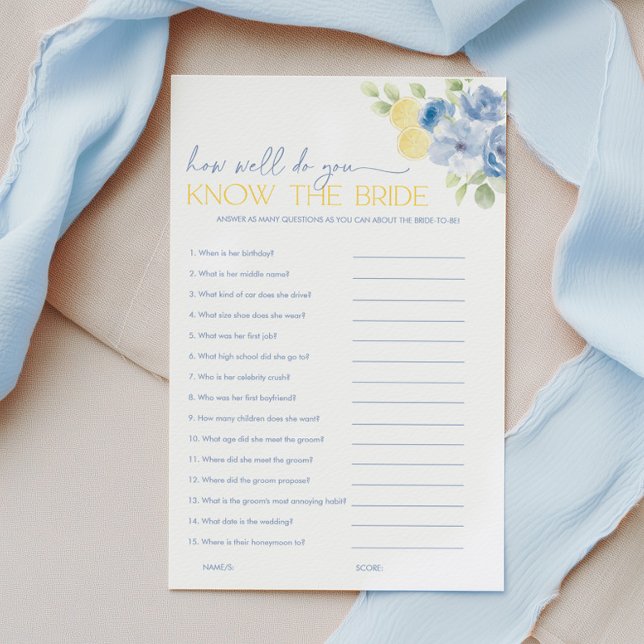 Conheça a Noiva Jogos de Chá de Panela Main Squeez (How well do you know the bride? Blue floral lemon Bridal Shower Game)
