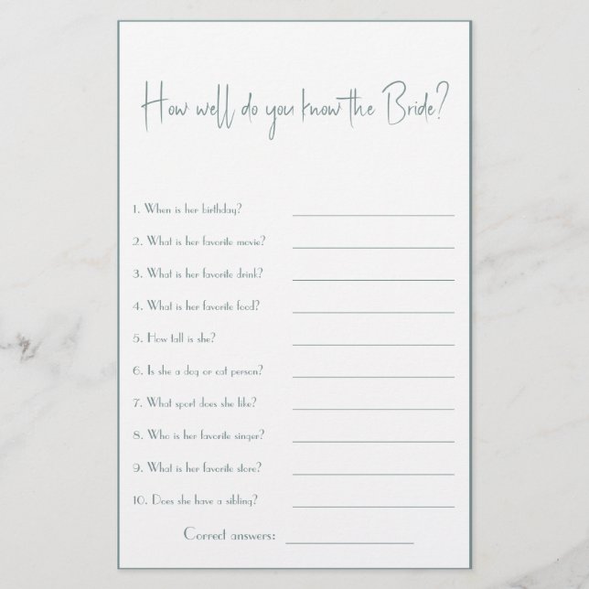 Conhece bem a noiva? Folheto de jogos do chá (Frente)