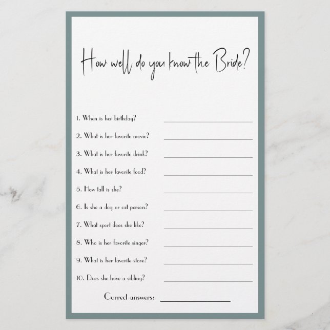 Conhece bem a noiva? Folheto de jogos do chá (Frente)