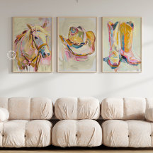 Conjunto de 3 Impressões de Boot Hat Horse Western