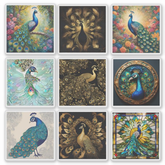 Conjunto de 9 Adesivos de Pavão (Frente)
